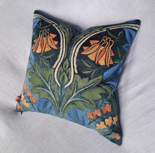 Medium William Morris Bluebell Embroidery Cushion in Webbs Blue 38 x 38cm